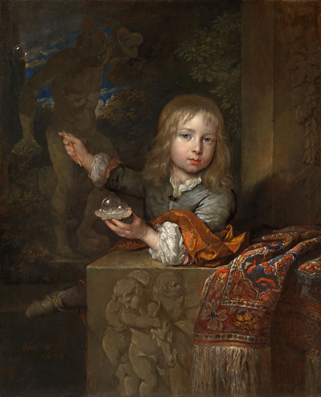 Caspar Netscher's painting: A Boy Blowing Soap Bubbles
