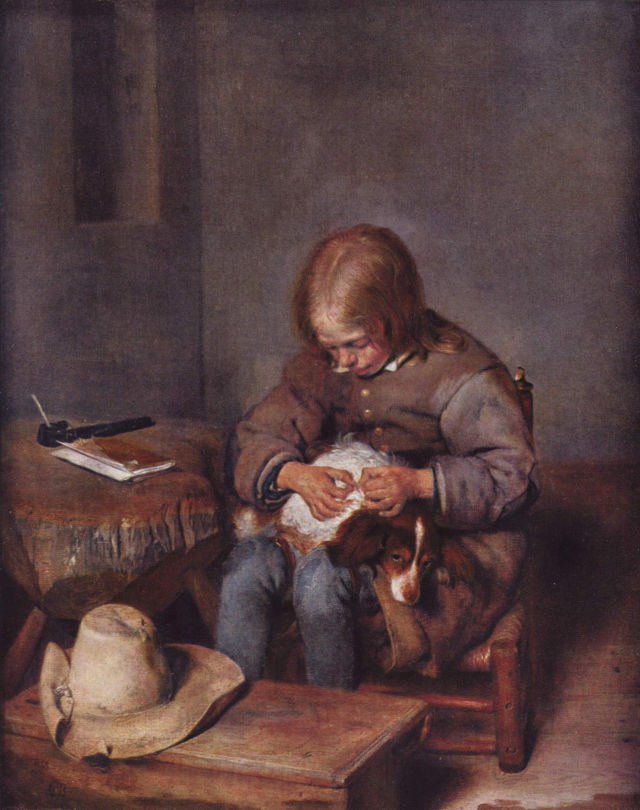 Gerard ter Borch's painting: Boy Cleaning a Dog of Fleas