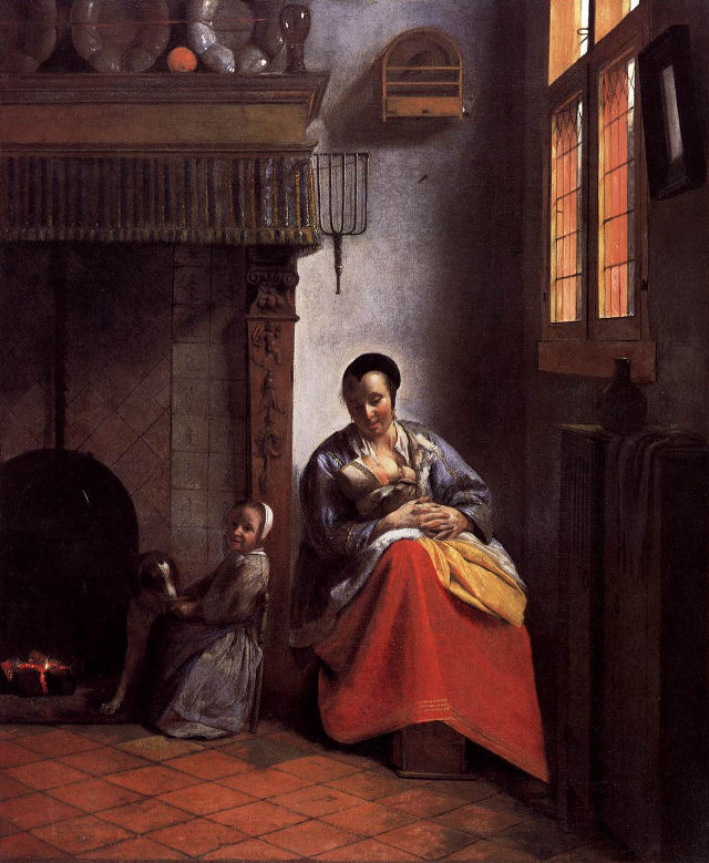 Pieter de Hooch's painting: A Woman Nursing an Infant with a Child and a Dog