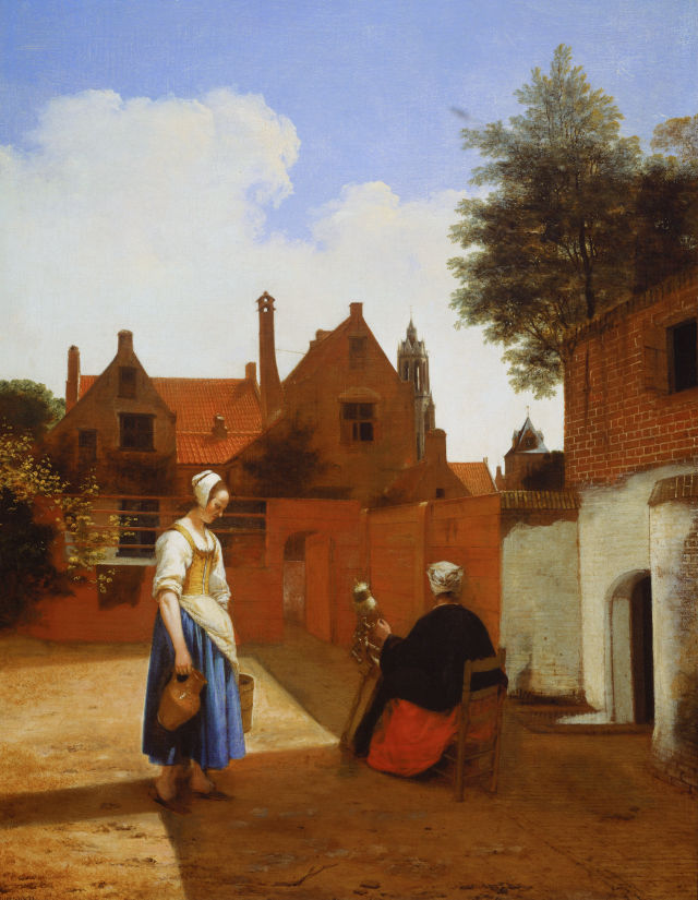 Courtyard in Delft at Evening: a Woman Spinning's painting: Pieter de Hooch