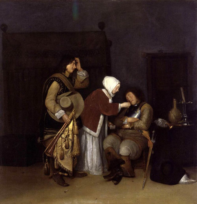 Caspar Netscher's painting: Interior with a Sleeping Soldier