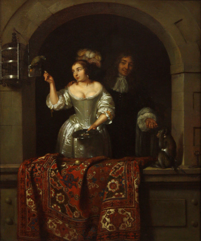 Caspar Netscher's painting: A Lady with a Parrot and a Gentleman with a Monkey