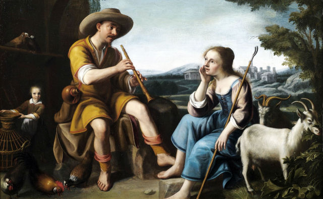 Abraham Bloemaert's painting: Pastoral Scene with a Shepherd Family Against Countryside Background