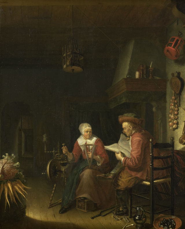 Domenicus van Tol's painting: Interior with a Man Reading and a Woman Spinning Yarn
