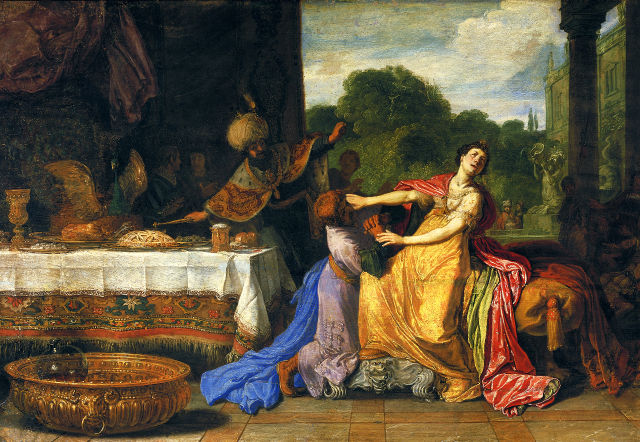 Pieter Lastman's painting: Haman Begging Esther for Mercy