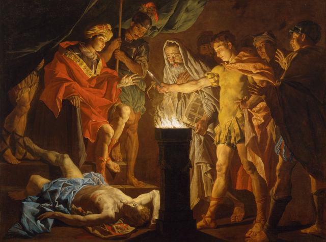 Matthias Stom's painting: Mucius Scaevola, in the Presence of Lars Porsenna