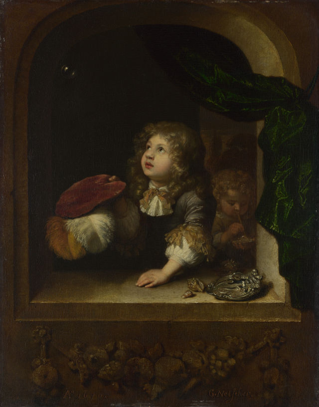 Caspar Netscher's painting: Two Boys Blowing Bubbles