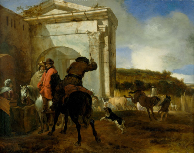 Jan Baptist Weenix's painting: Italian Landscape with Horsemen by a Spring