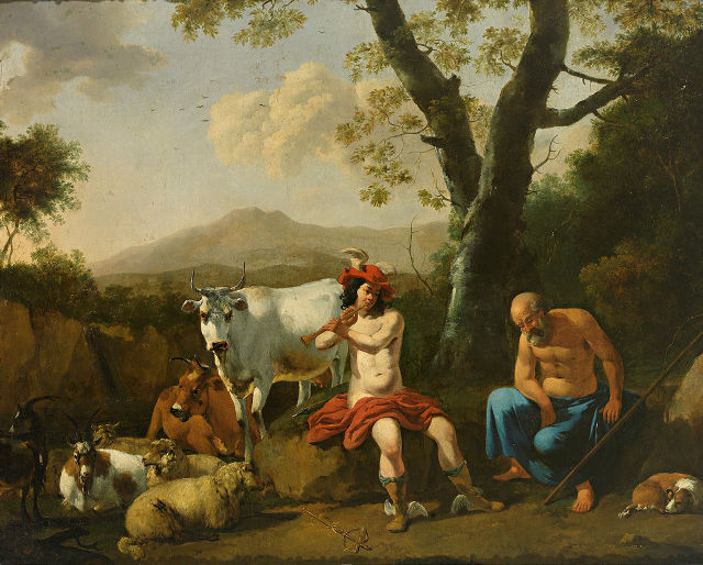 Cornelis van Poelenburgh's painting: Mercury Lulling Argus with his Music.