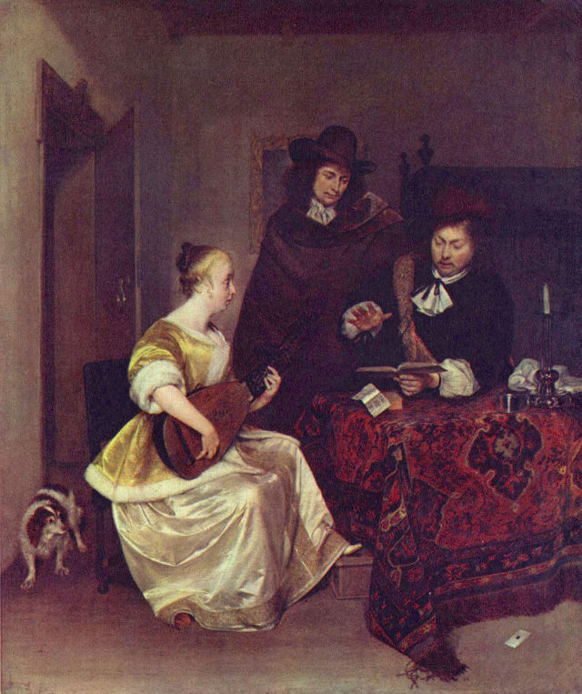 Gerard ter Borch's painting: A Woman Playing a Theorbo to Two Men