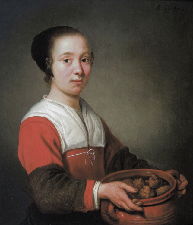 Aelbert Cuyp's painting: Young Woman with a Pot Full of Donuts
